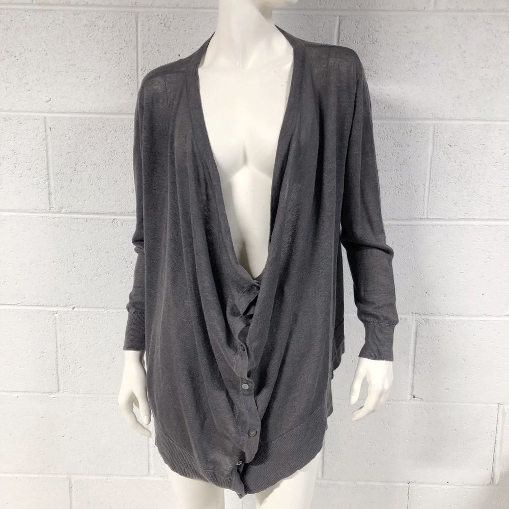 Womens Garnet Hill Grey Organic Linen Drape Front Cardigan Size L Large
